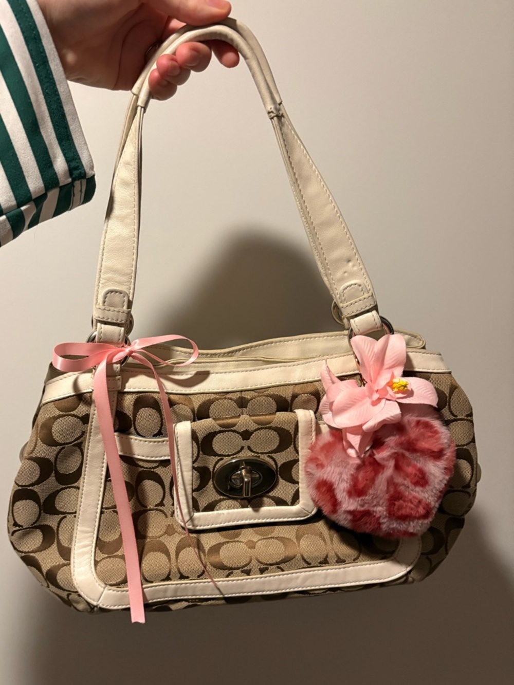 Coach Signature Canvas Shoulder Bag with Pink Floral Pom Charm